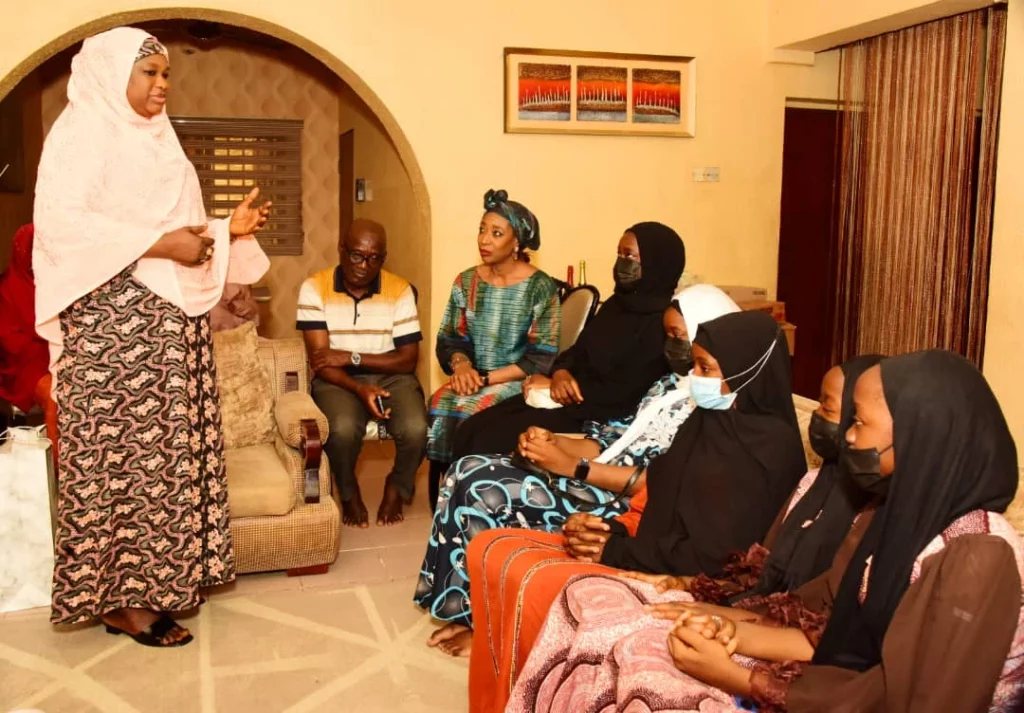 FCT Minister of State, Dr Mariya Mahmoud, addressing the family of Al-Kadriyar Mansoor, whose five daughters were recently released after several days in kidnappers’ den, in Abuja